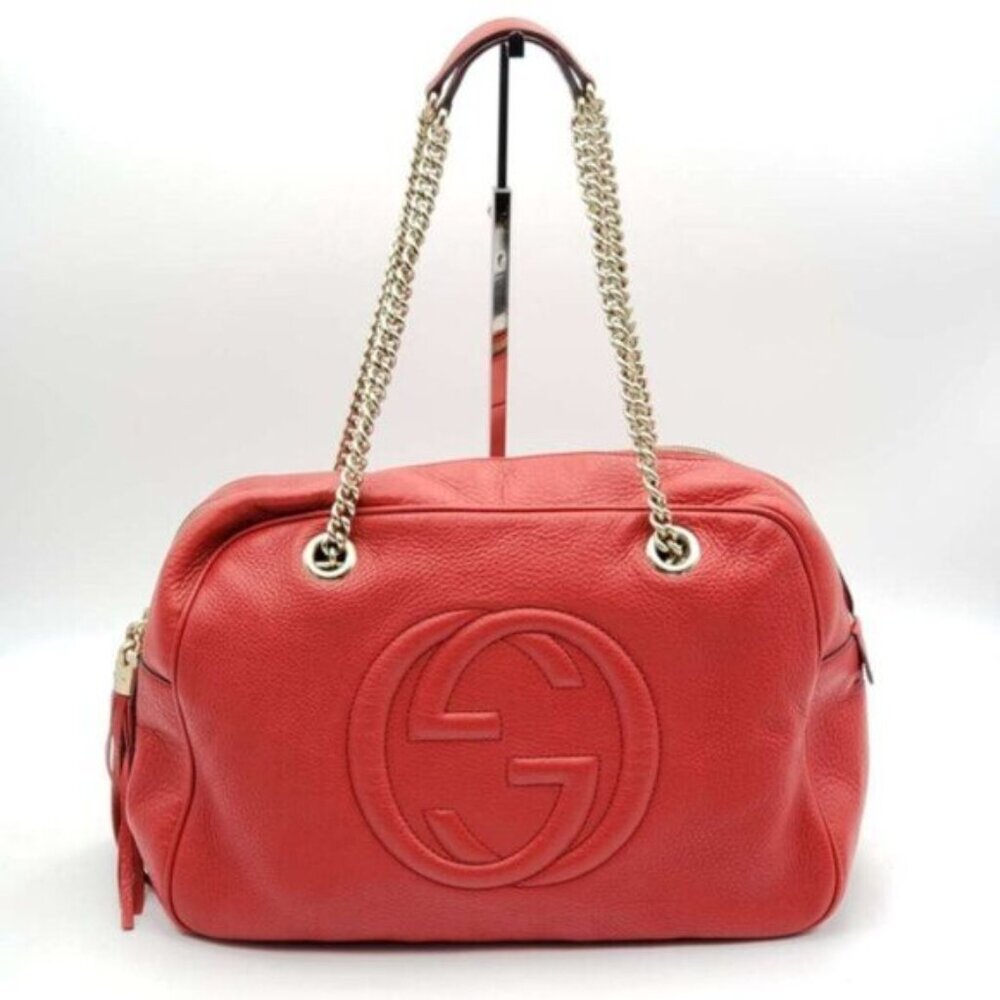 Authentic Gucci Soho Chain Shoulder Bag Red Leather GG Logo Crossbody Bag